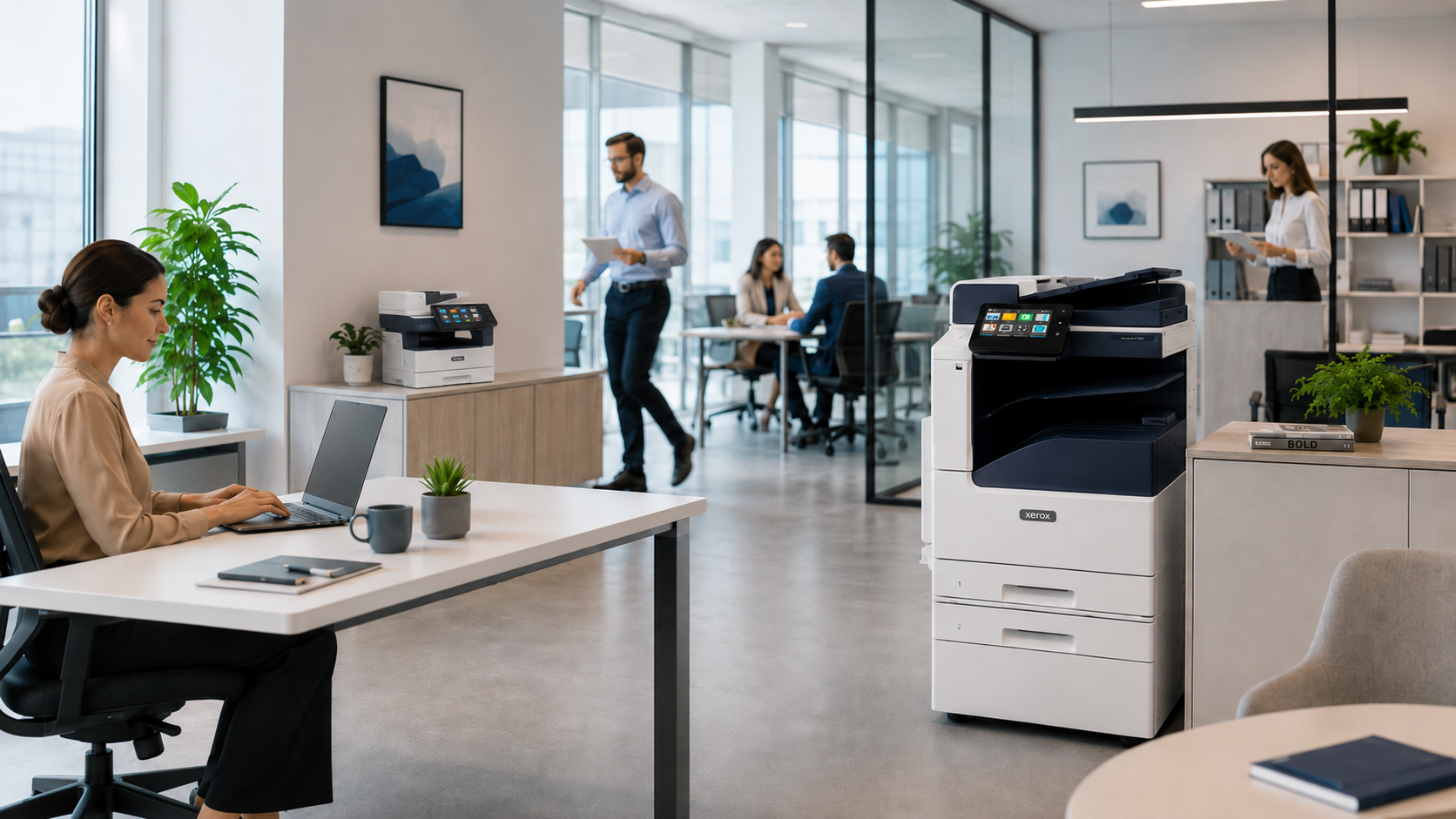 Entorno de oficina con equipos Xerox en renting para empresas de Madrid